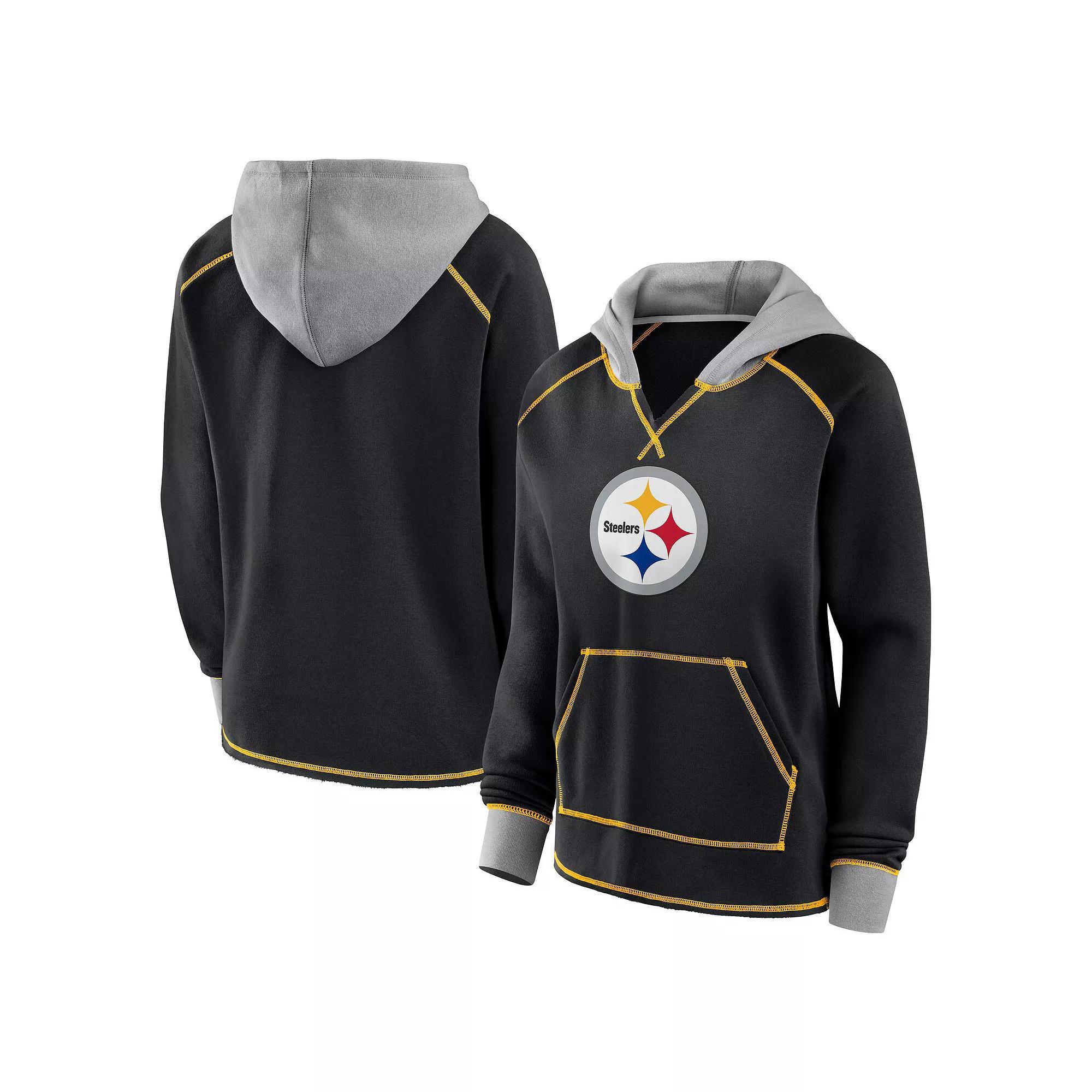Women's Black Pittsburgh Steelers Boom Fleece Pullover V-Neck Hoodie, Size: Large Product Image