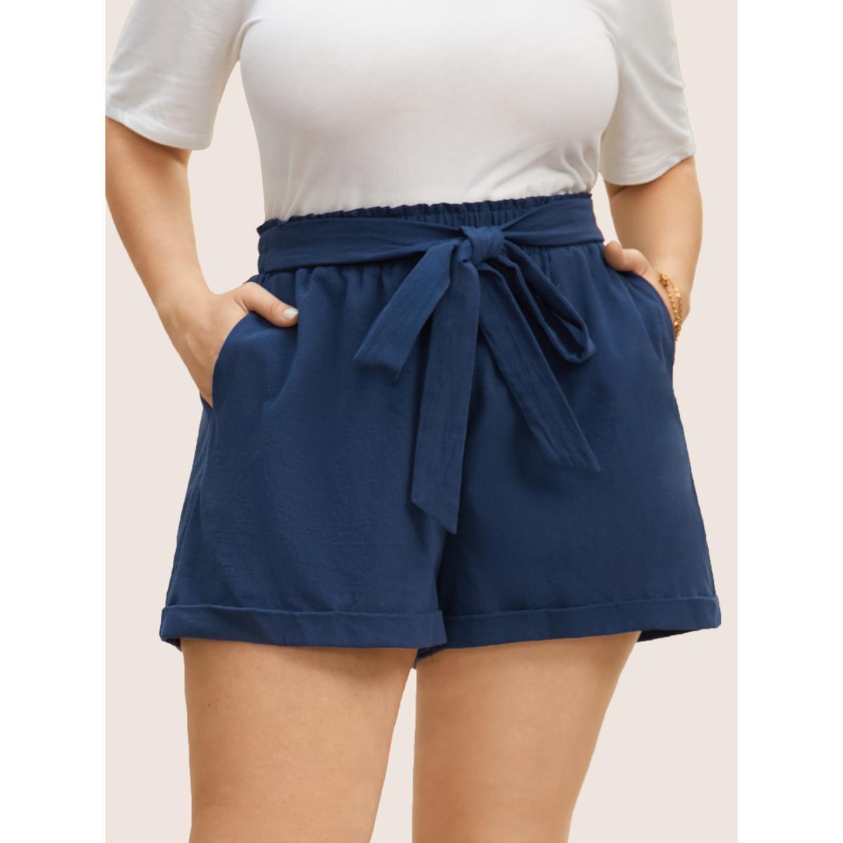 Plus Size Paperbag Waist Tie Knot Roll Hem Shorts Women DarkBlue Elegant Tie knot Wide Leg Everyday Shorts BloomChic 14-16/1X Product Image