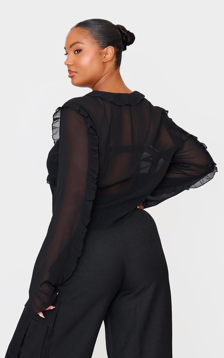 Plus Black Chiffon Ruffle Fitted Tie Front Blouse Product Image