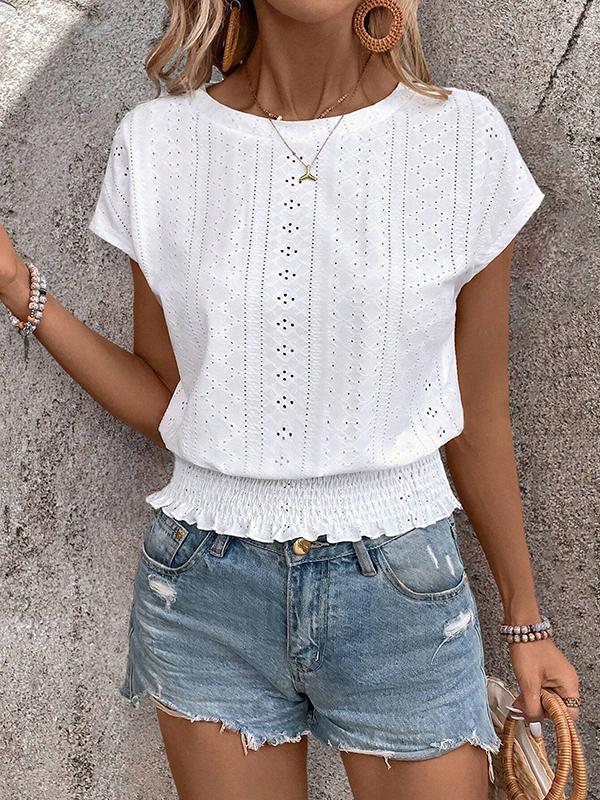 Loose Raglan Sleeve Elasticity Hollow Jacquard Solid Color Round-Neck T-Shirts Tops Product Image