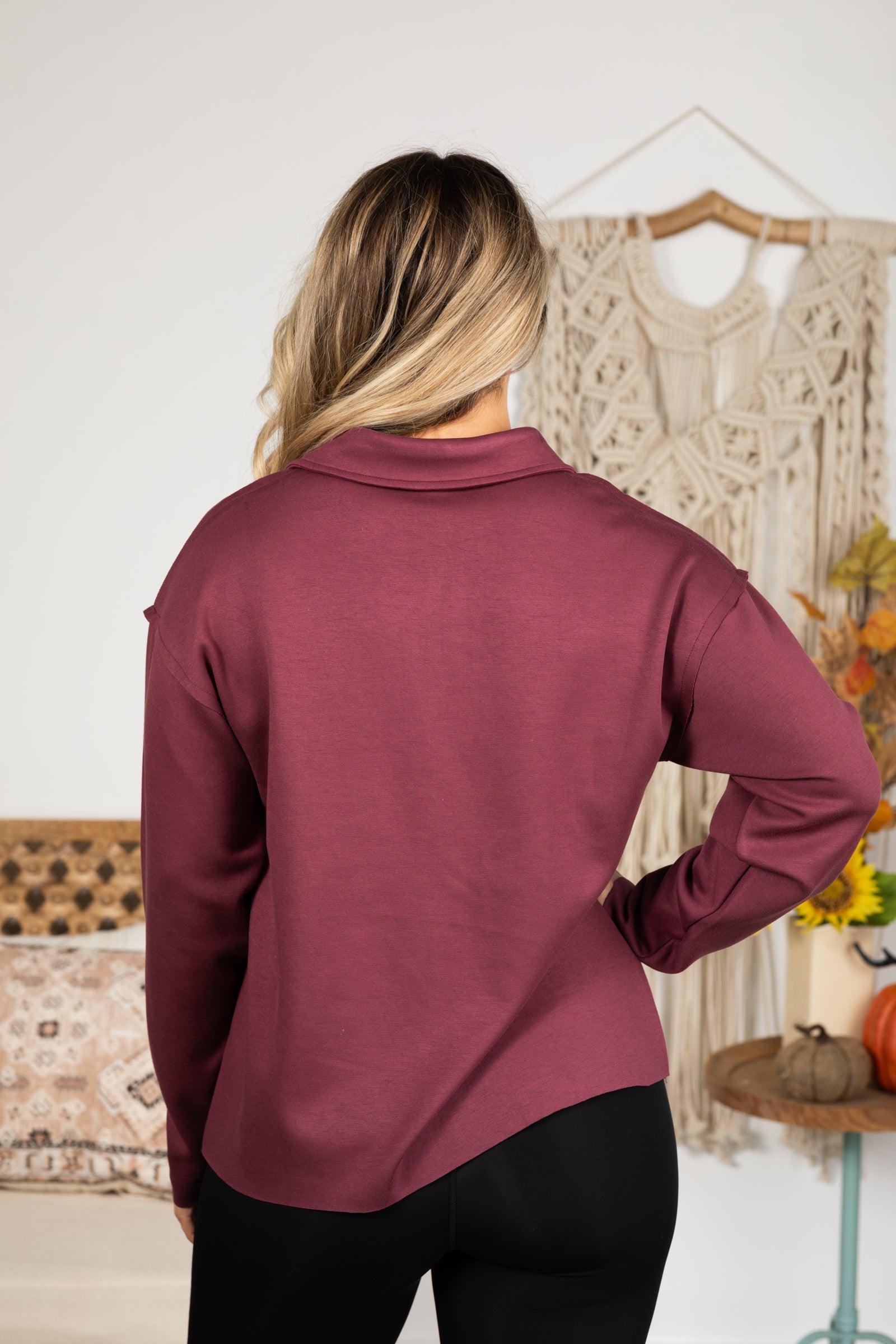 Plum V-Neck Collar Knit Long Sleeve Top Product Image
