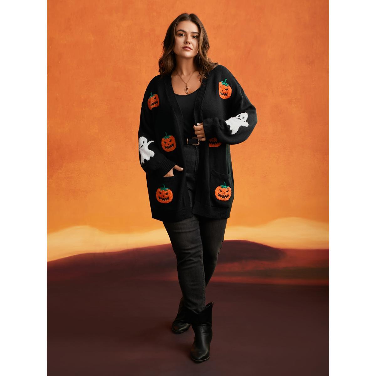 Plus Size Pumpkin Ghost Embroidery Open Cardigan Black Women Casual Loose Long Sleeve Everyday Cardigans BloomChic 22-24/3X Product Image