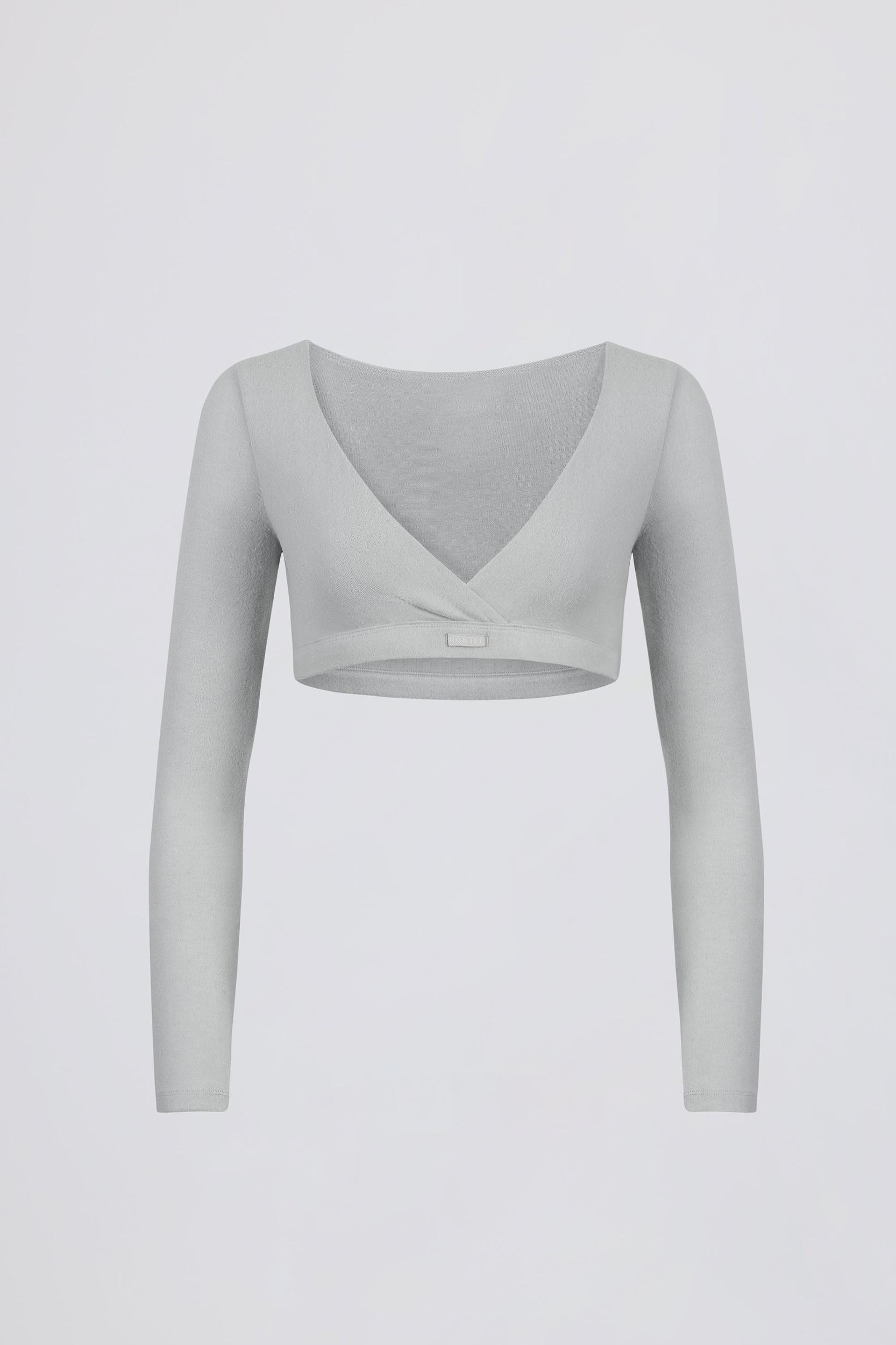 Brushed Jersey Wrap Crop Top in Fog Grey Female Product Image