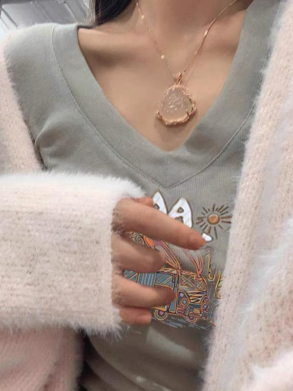 Graffiti Print V Neck Slim Long Sleeve Knit Product Image