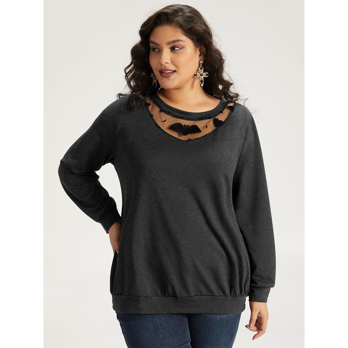 Plus Size Halloween Bat Print Mesh Patchwork Sweatshirt Women Gray Elegant Elastic cuffs Round Neck Festival-Halloween Sweatshirts BloomChic 10/M Product Image