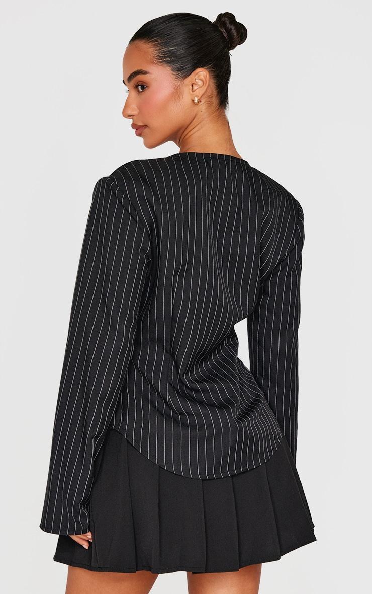 Petite Black Pinstripe Long Sleeve Trim Detail Shirt Product Image