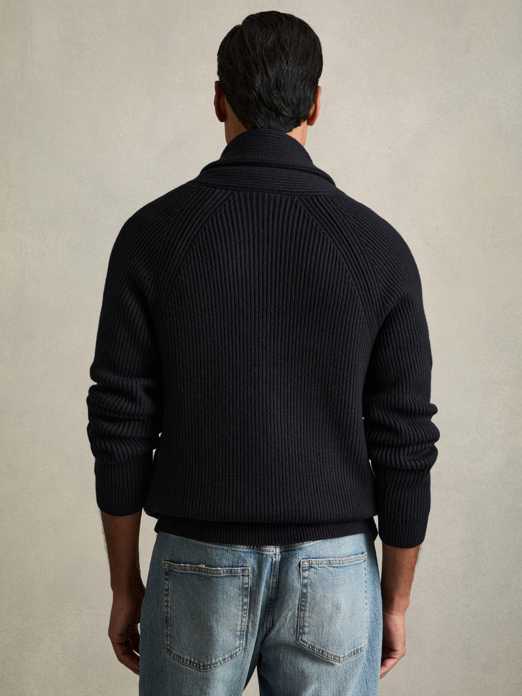 Ribbed Shawl-Collar Cardigan with Cotton and Wool in Navy Product Image