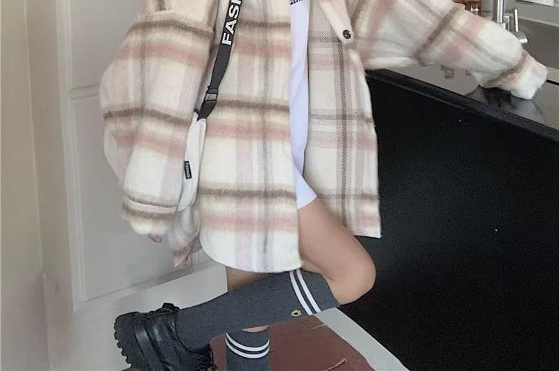 Collar Plaid Button Oversized Shacket Product Image