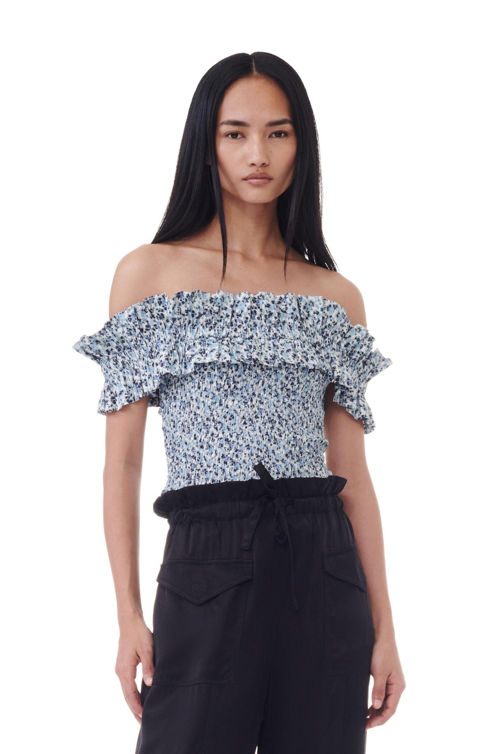 Blue Floral Printed Cotton Off-shoulder Smock Top Product Image