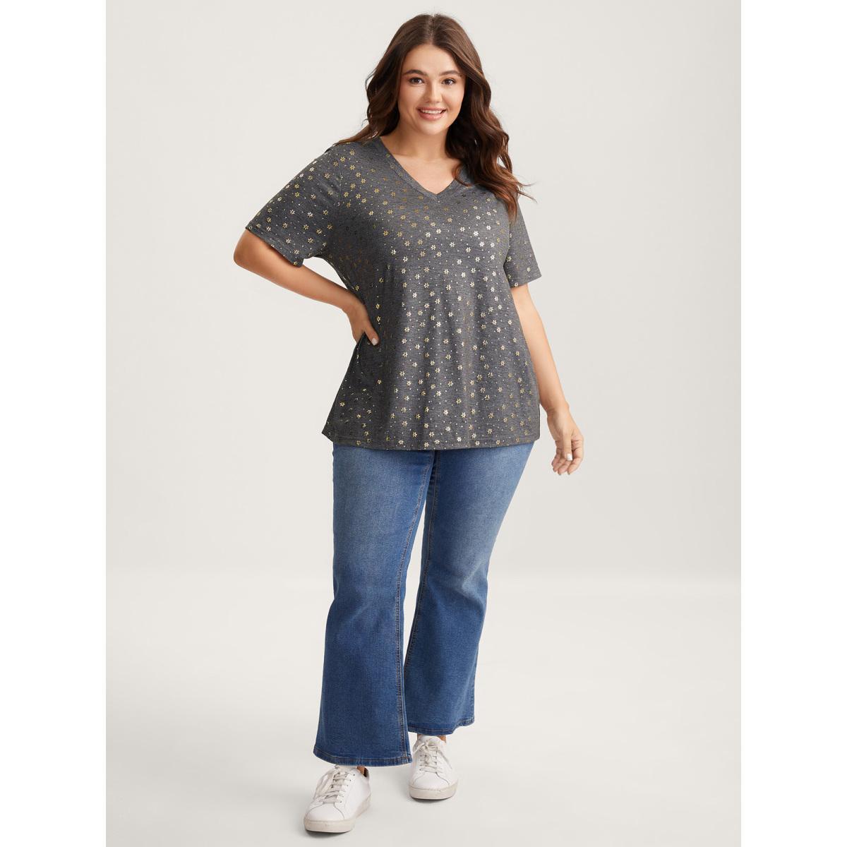 Plus Size Supersoft Stretchy Gold Floral T-Shirt DimGray Women Non V-neck Everyday-Casual T-shirts BloomChic 12/L Product Image