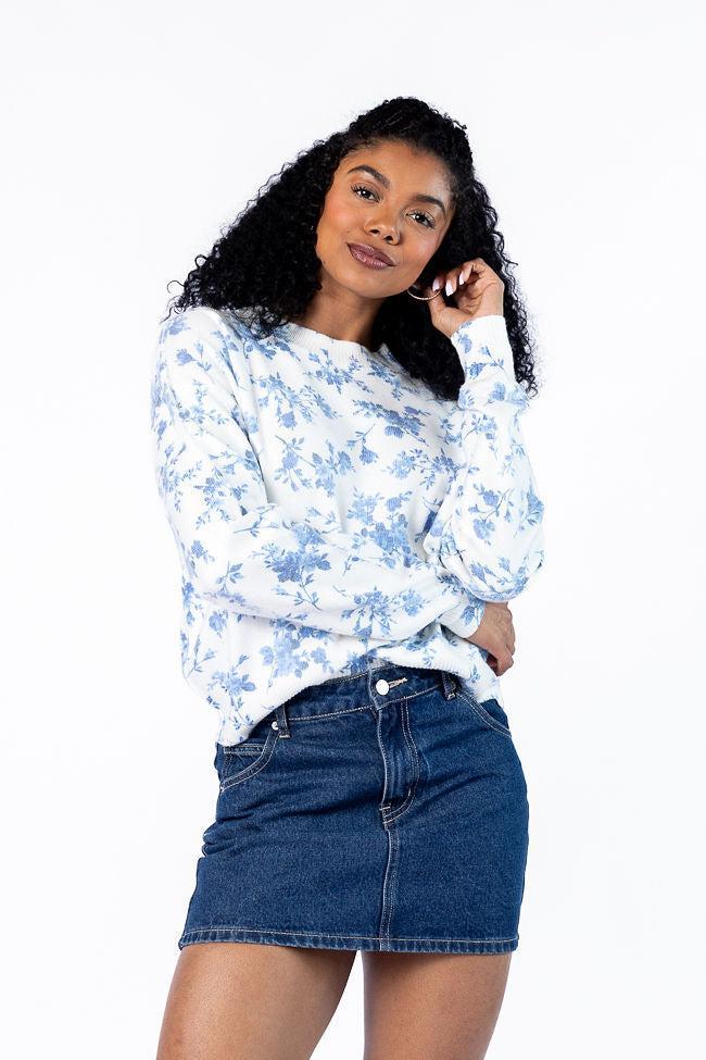 Blooming Love Blue Crew Neck Floral Sweater FINAL SALE Product Image