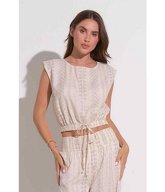 ELAN Coordinating Metallic Arrow Print Crew Neck Cap Sleeve Banded Cropped Top Product Image