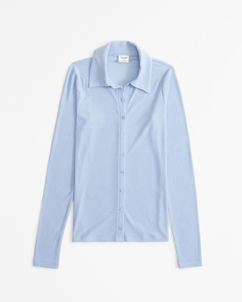 Long-Sleeve Slim Sheer Polo Button-Through Top Product Image