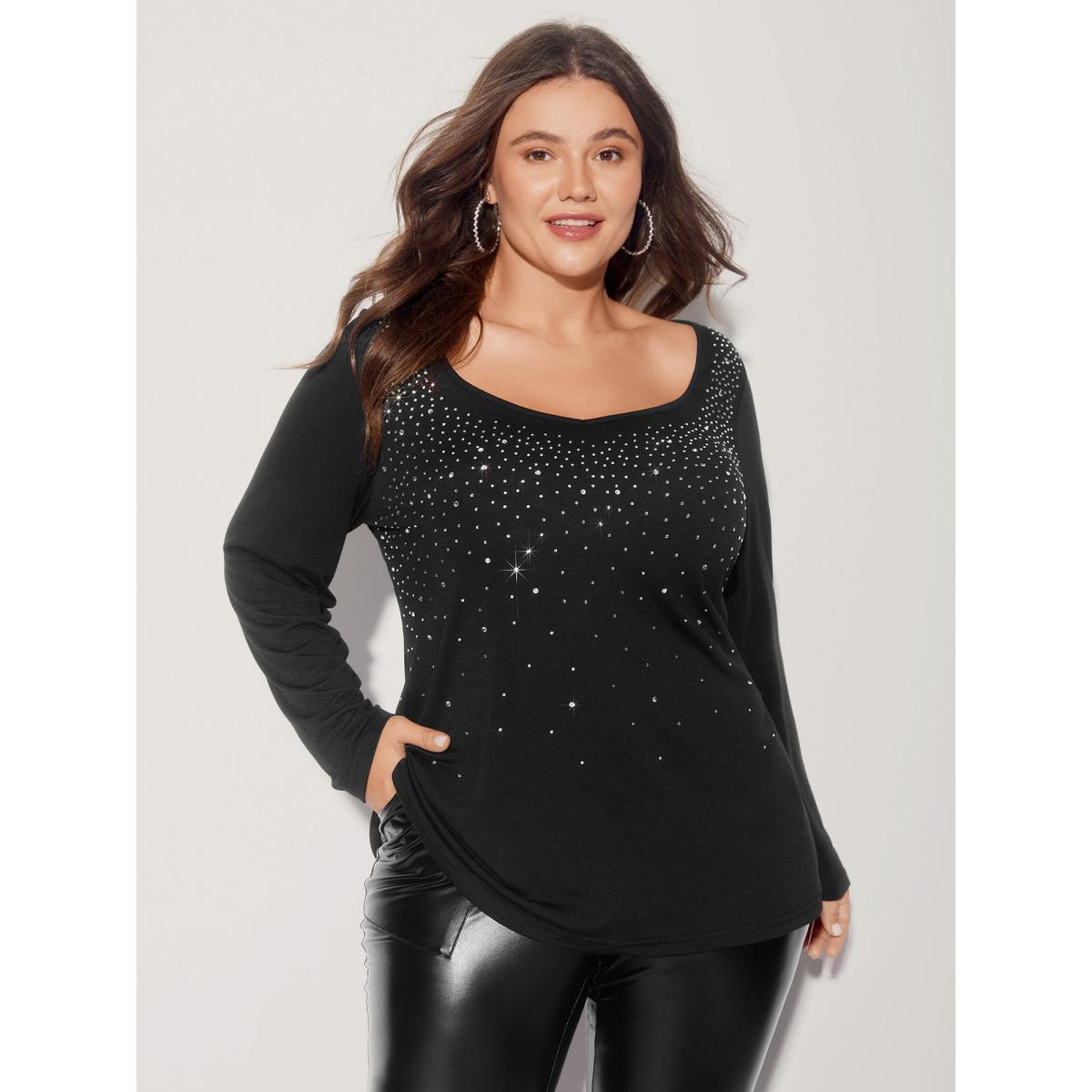 Plus Size Sequin Stretchy Long Sleeve T-shirt Black Women Elegant Rhinestone detailing Heart neckline Everyday T-shirts BloomChic 30/6X Product Image