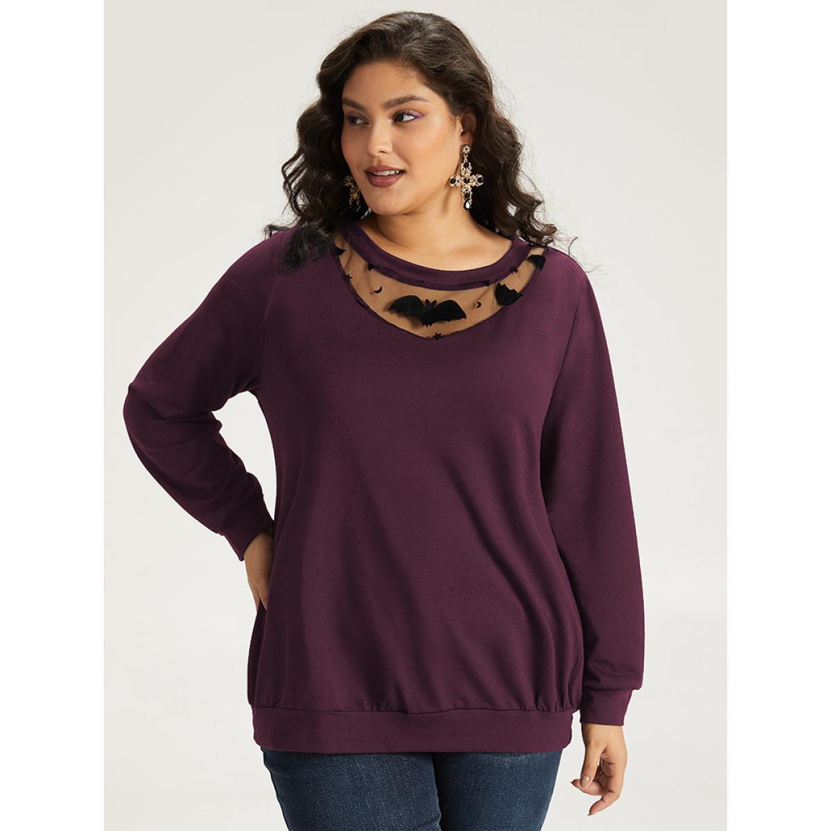 Plus Size Halloween Bat Print Mesh Patchwork Sweatshirt Women Burgundy Elegant Elastic cuffs Round Neck Festival-Halloween Sweatshirts BloomChic 10/M Product Image