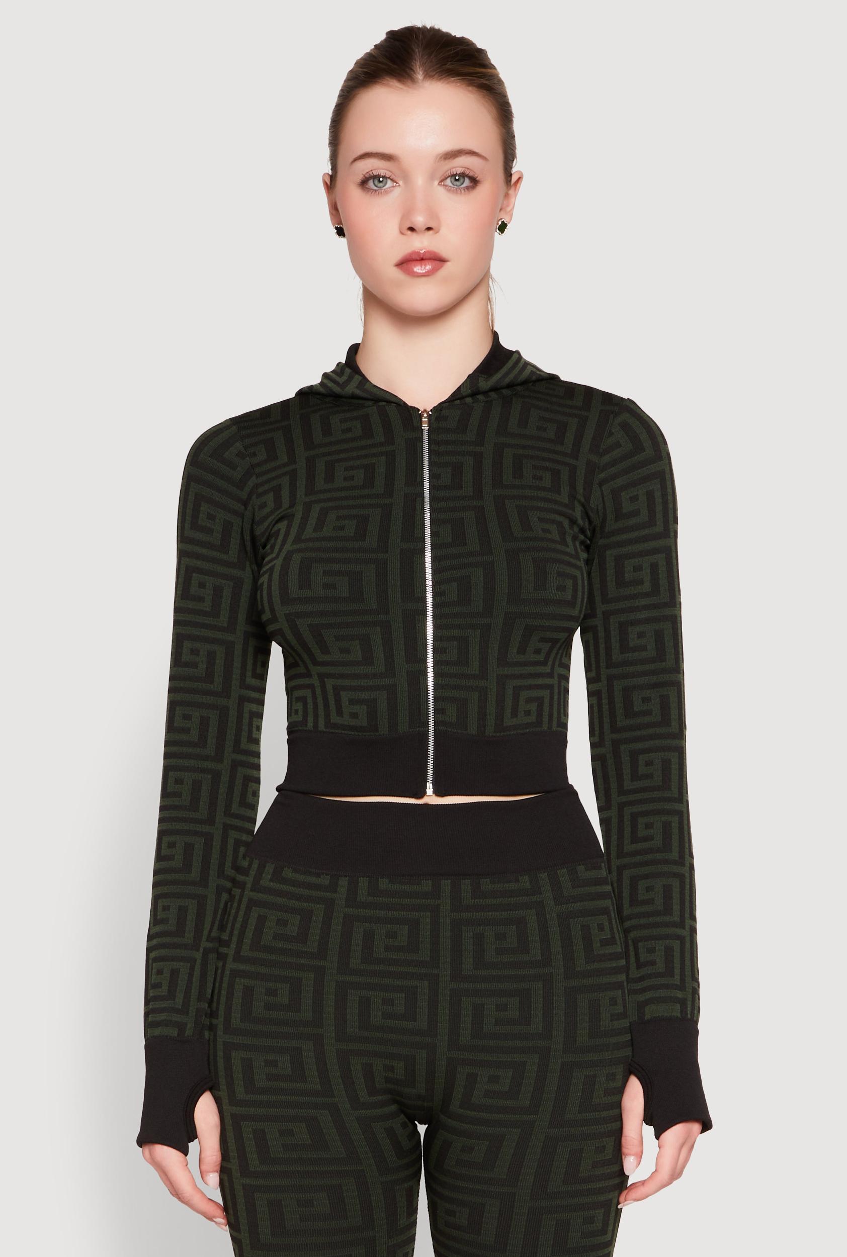 Womens Color Block Greek Key Print Zip Front Hoodie Product Image
