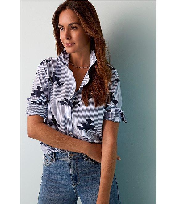 NIC + ZOE Woven Stamped Stripe Point Collar Long Sleeve Shirt Product Image