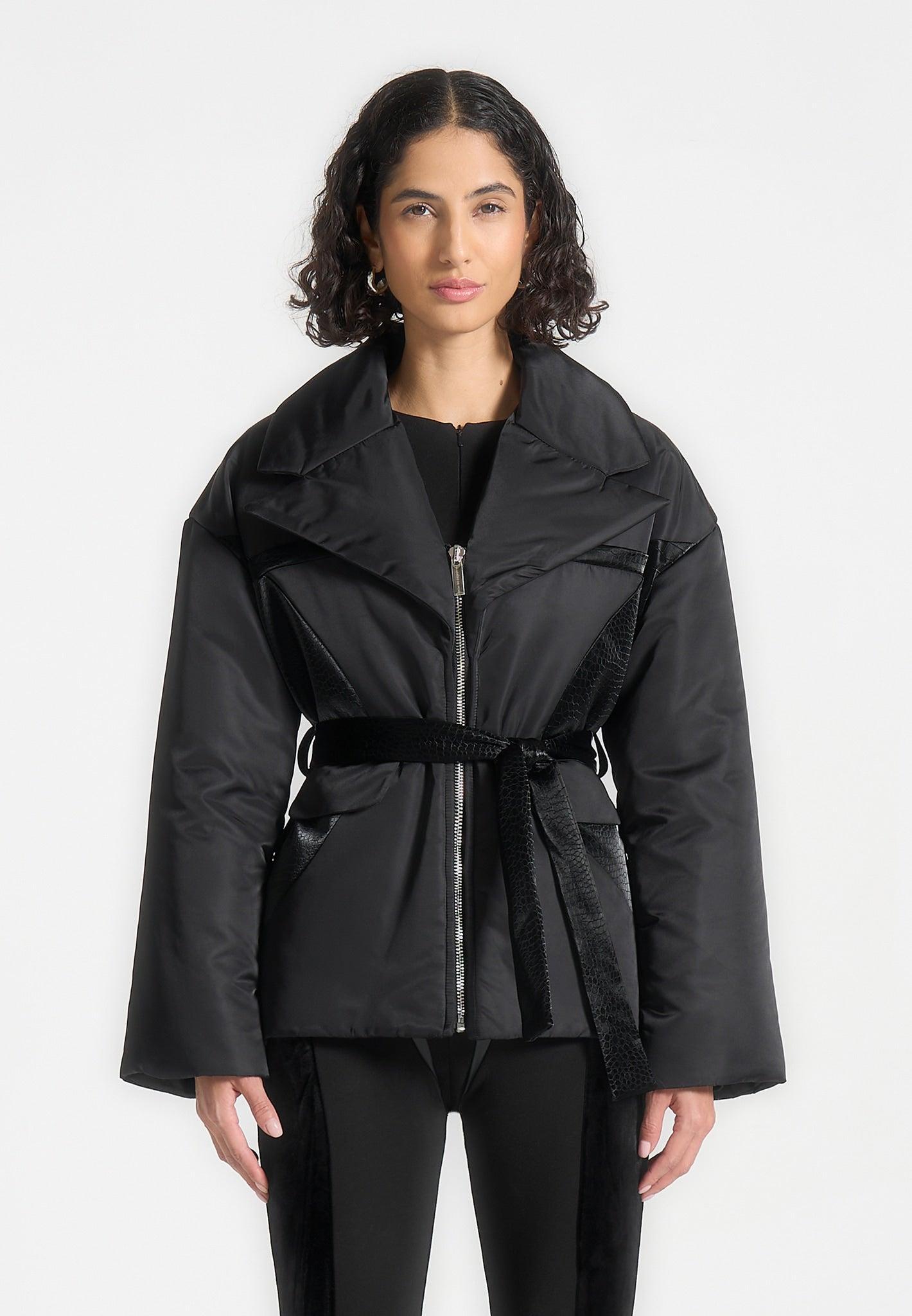 Nylon Belted Blazer Jacket - Black Female Product Image