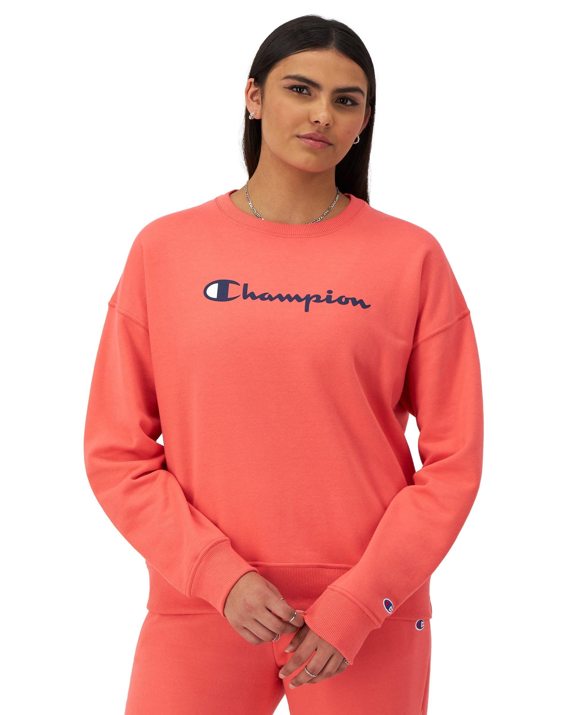Womens Champion Powerblend Crewneck Sweatshirt, Script Logo Deep Dazzling Blue XS Product Image