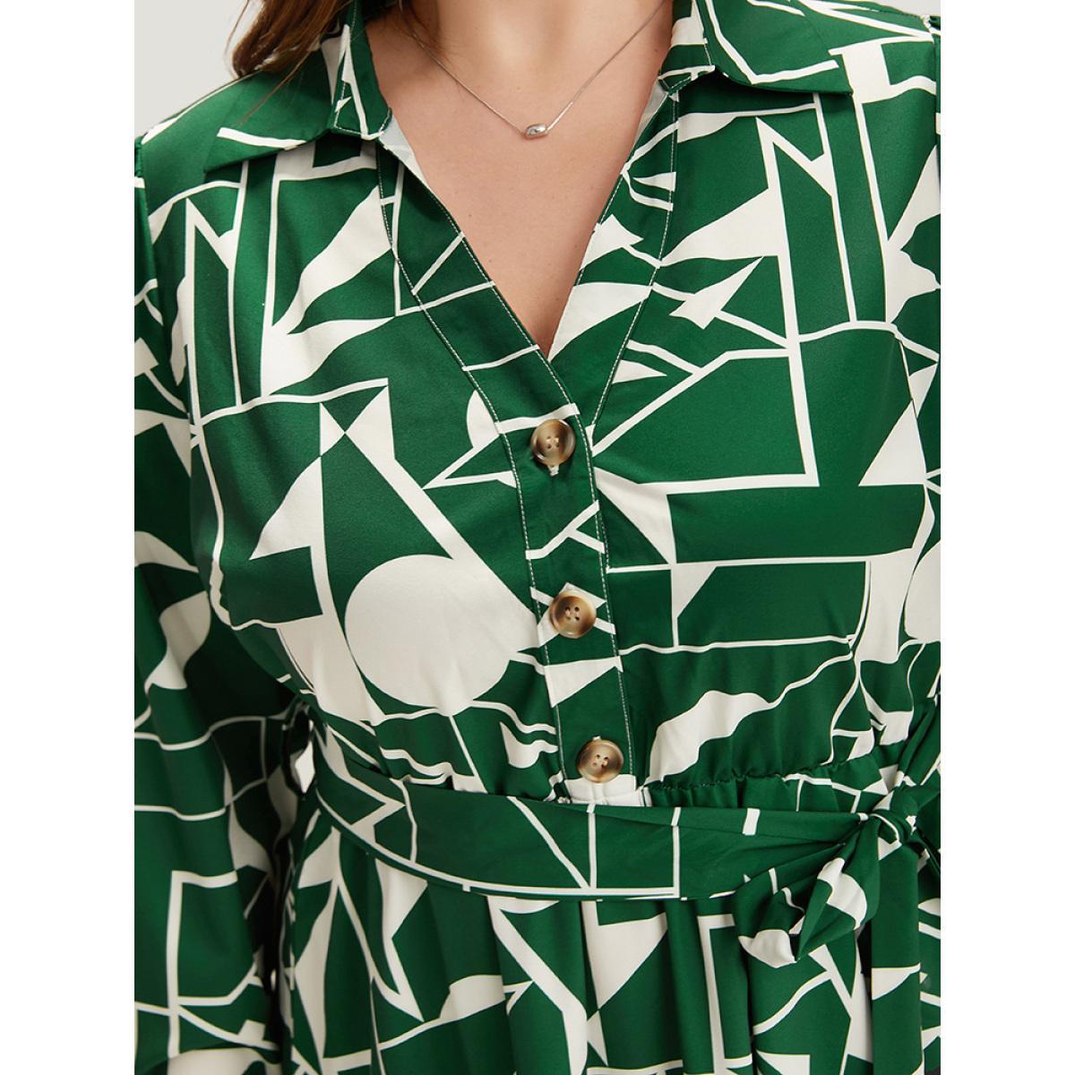 Plus Size Geometric Shirt Collar Belted Pocket Flutter Dress Green Women Office Belted Shirt collar Long Sleeve Curvy Midi Dress BloomChic 12/L Product Image