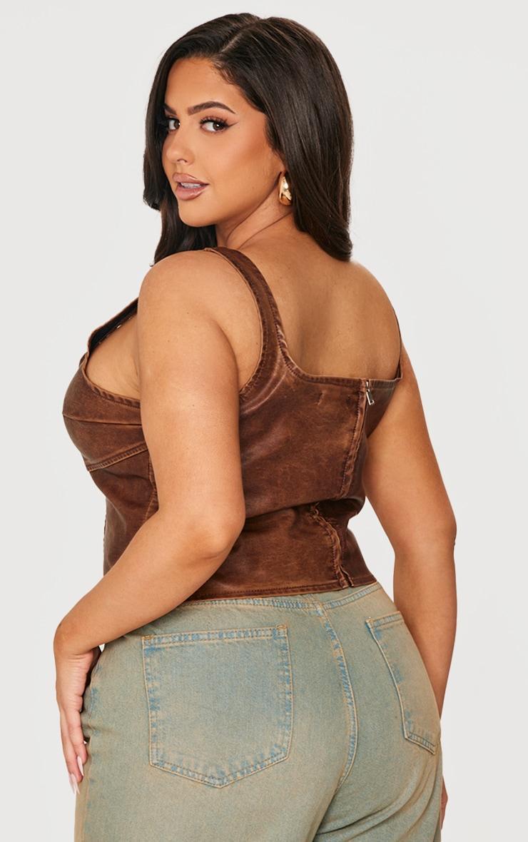 Plus Chocolate Washed Faux Leather Lace Up Corset Top Product Image