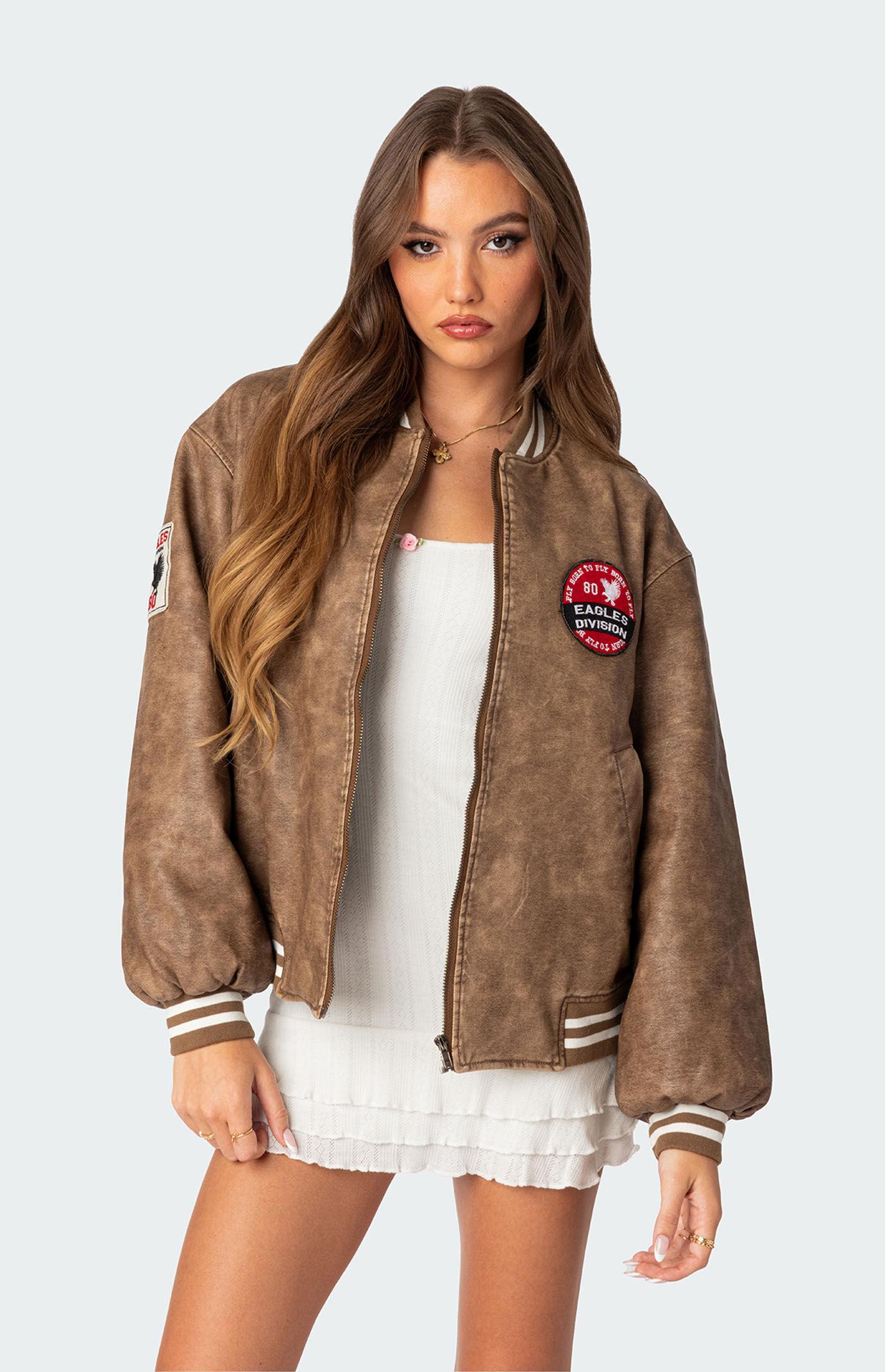 Edikted Women's Washed Faux Leather Bomber Jacket Product Image