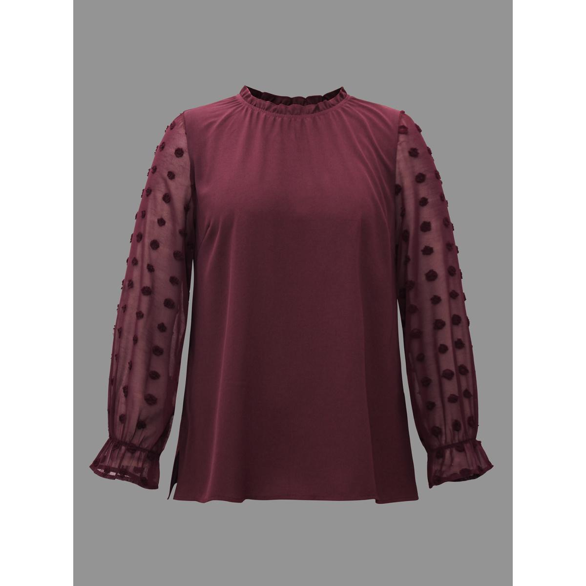 Plus Size Deepred Texture Ruffles Patchwork Gathered Blouse Women Elegant Long Sleeve Stand-up collar Everyday Blouses BloomChic 26/4X Product Image