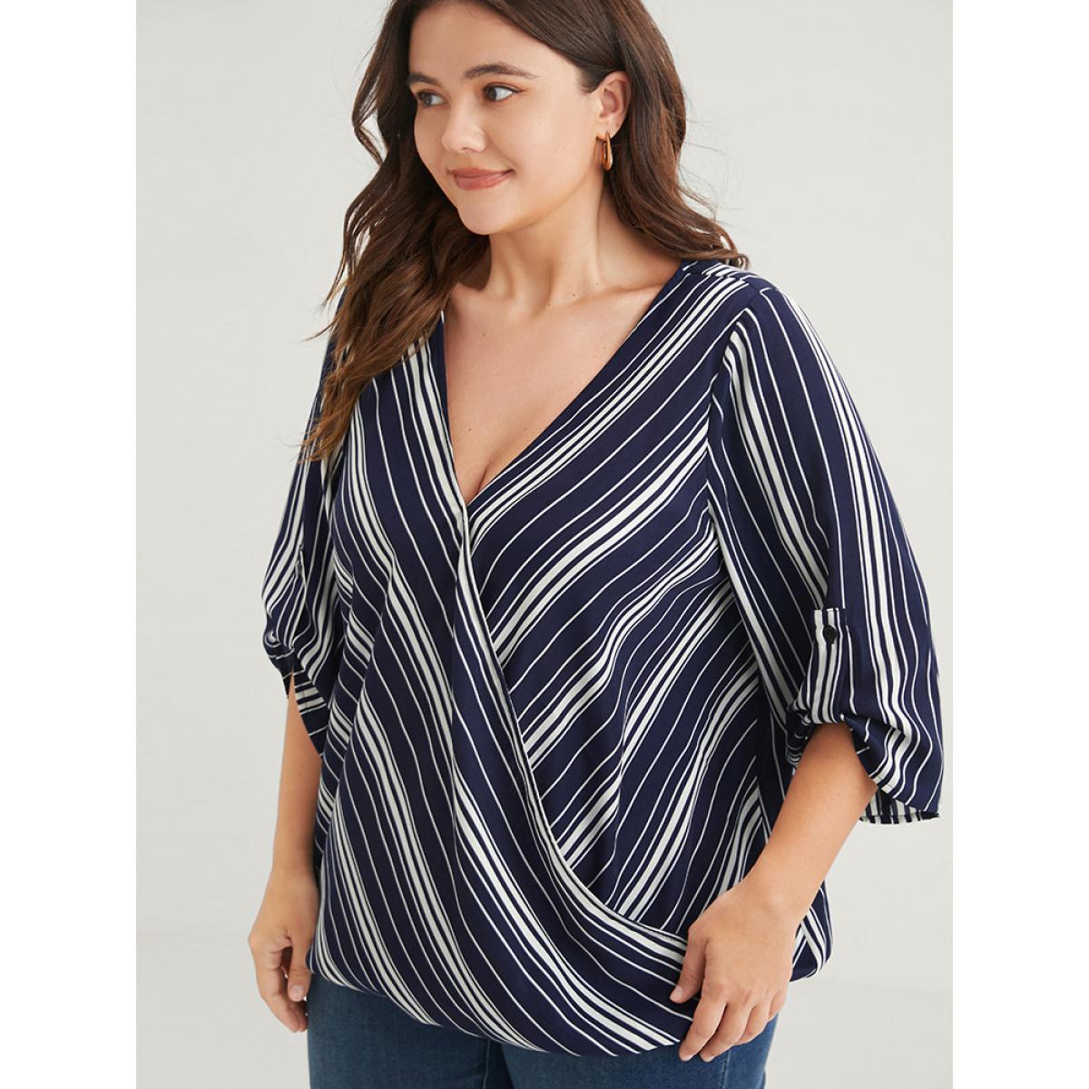 Plus Size DarkBlue Striped Button Cuffed Sleeve Wrap Blouse Women Vacation Short sleeve V-neck Dailywear Blouses BloomChic 30/6X Product Image
