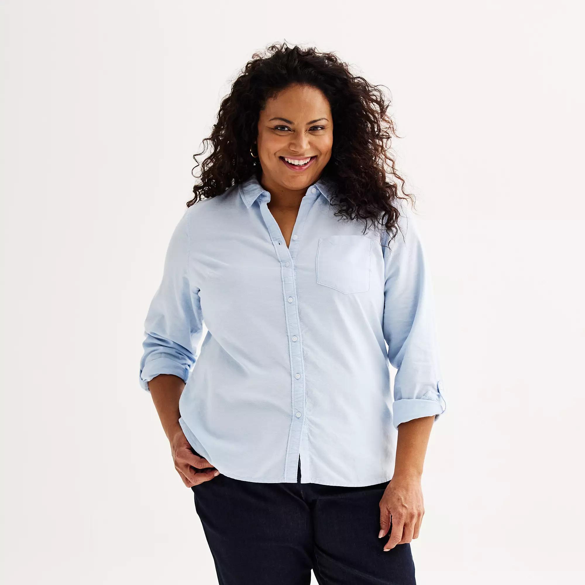 Plus Size Croft & Barrow® Essential One Pocket Button Down Shirt, Women's, Size: 1XL, Blue Oxford Product Image