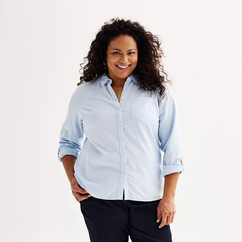 Plus Size Croft & Barrow® Essential One Pocket Button Down Shirt, Women's, Size: 1XL, Blue Oxford Product Image