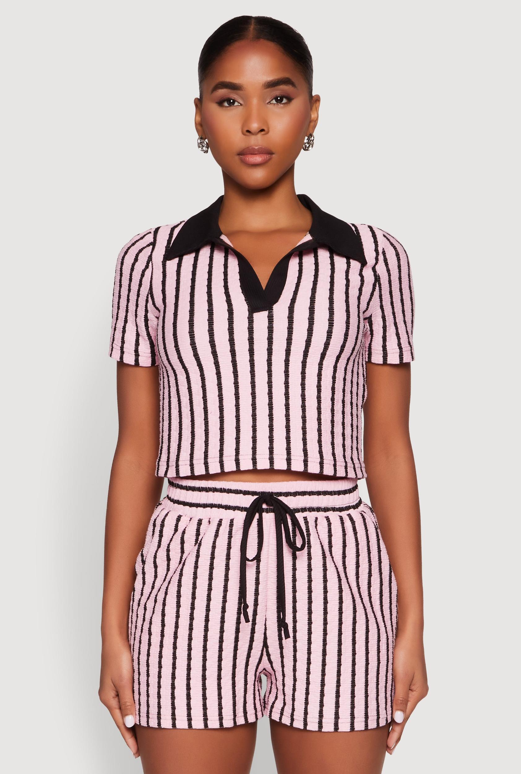 Womens Striped Collared Crop Top Product Image