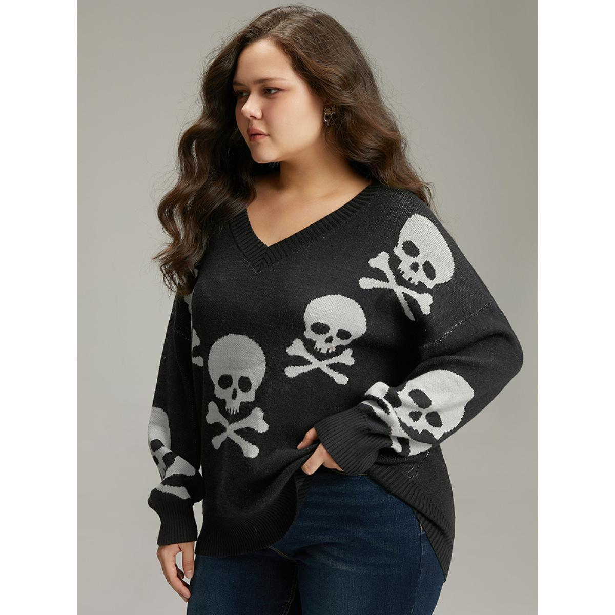 Plus Size Supersoft Essentials Halloween Skull Print V Neck Pullover Black Women Casual Long Sleeve V-neck Festival-Halloween Pullovers BloomChic 18-20/2X Product Image