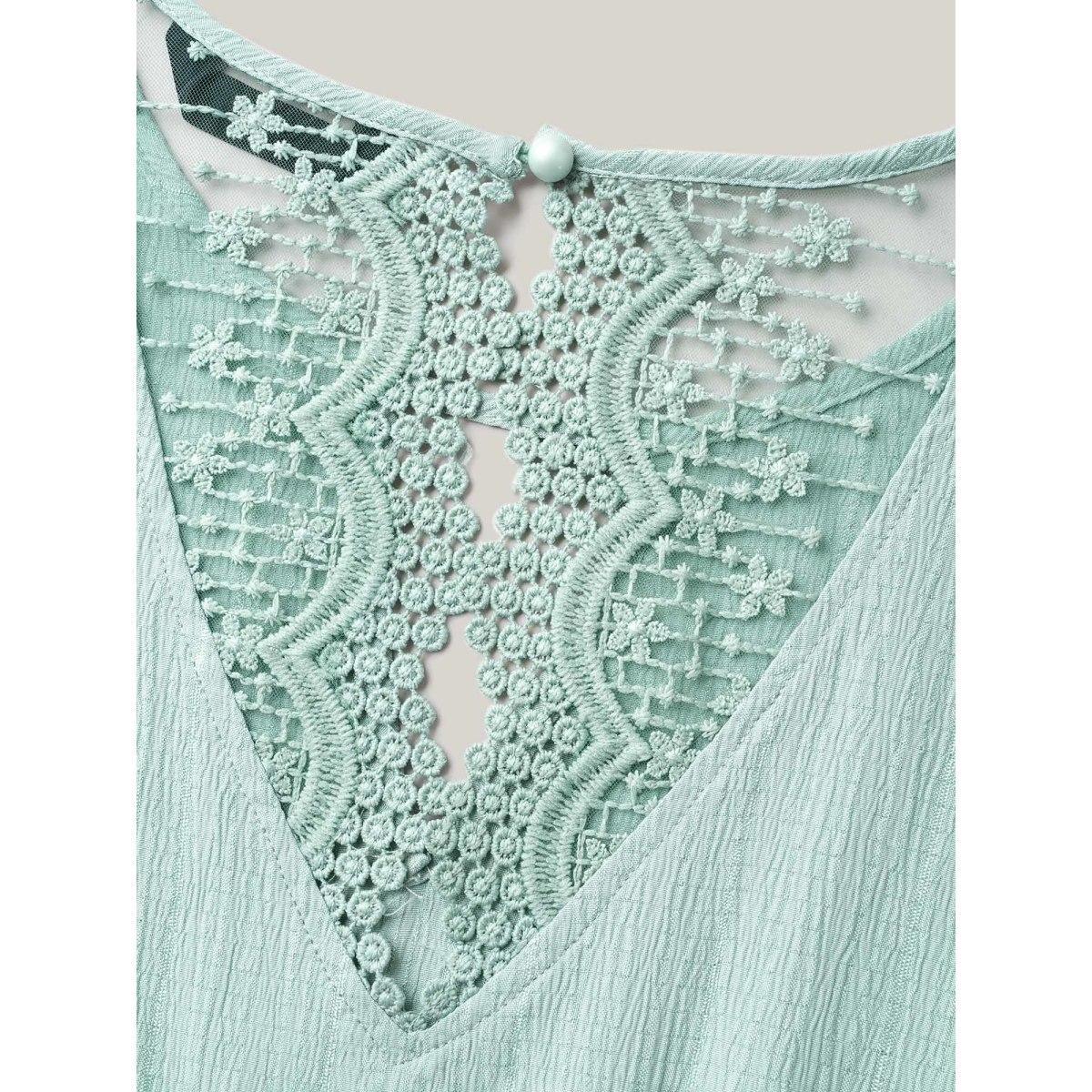 Plus Size Textured Back Cut-Out Flutter Sleeve Midi Dress Greenbean Women Elegant Woven ribbon&lace trim Round Neck Cap Sleeve Curvy BloomChic 10/M Product Image