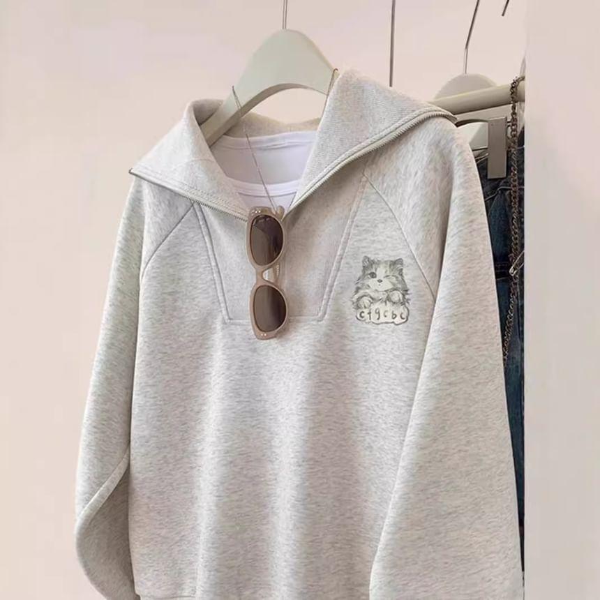 Stand Collar Cat Print Half-Zip Sweatshirt Product Image