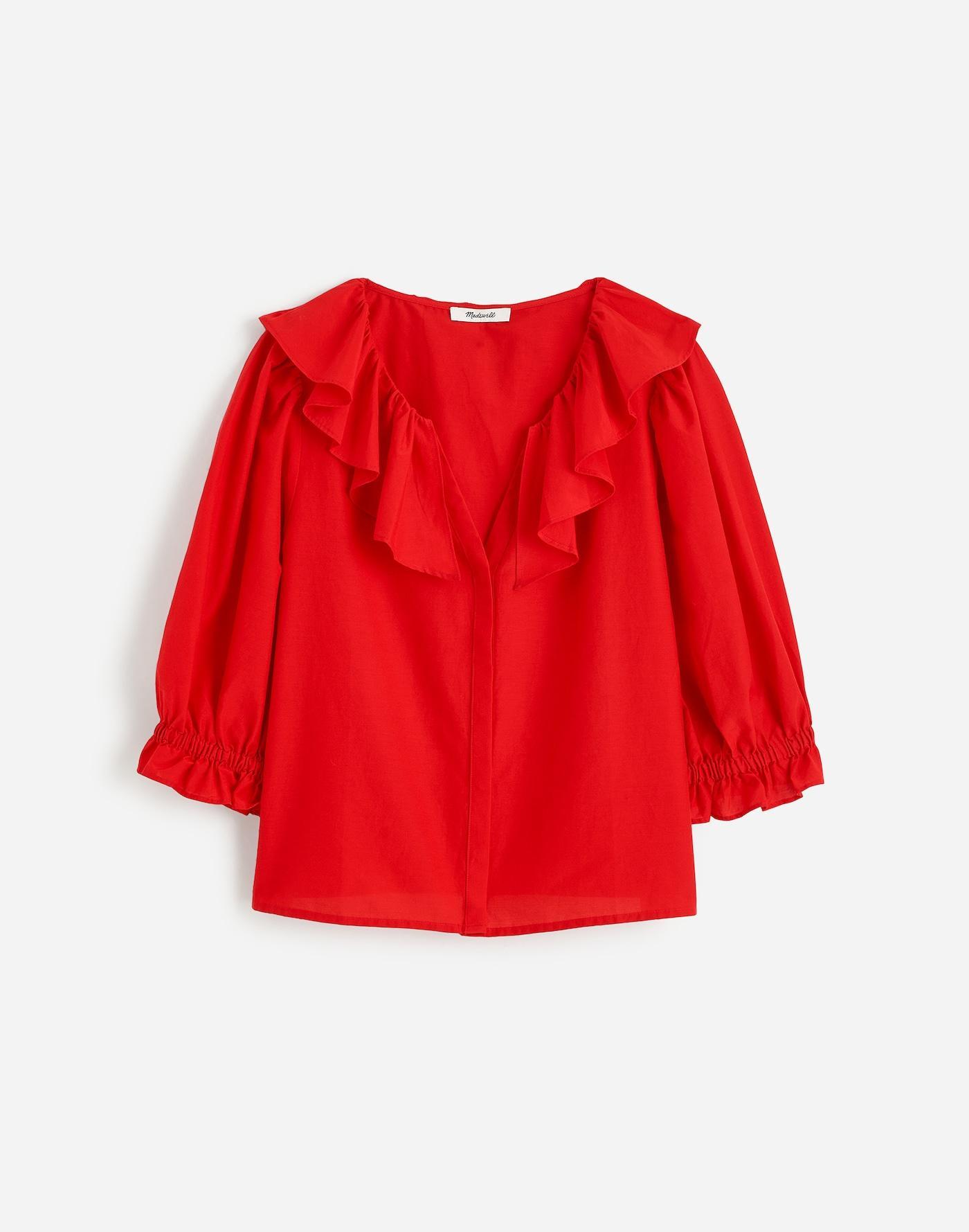 Ruffled Y-Neck Top in Cotton-Silk Product Image