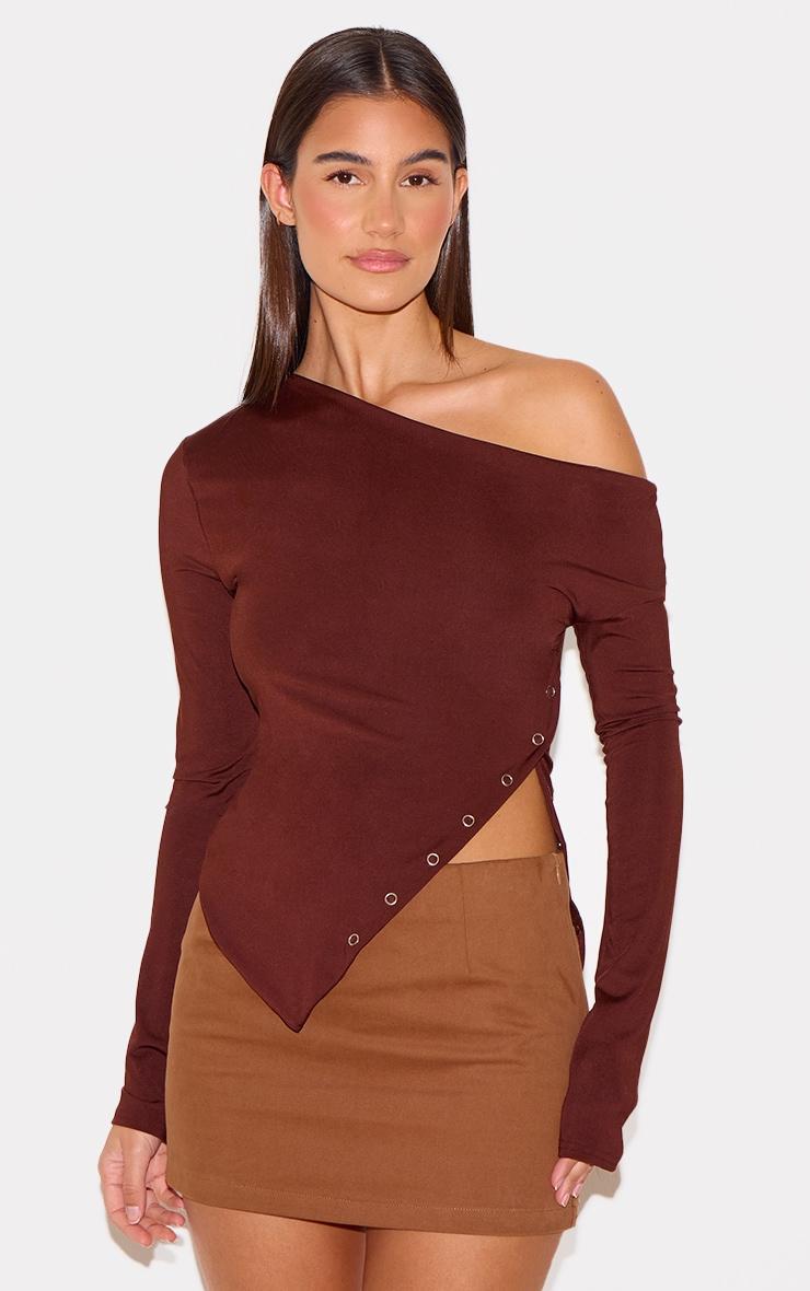 Chocolate Slinky Popper Detail Asymmetric Neck Long Sleeve Top Product Image
