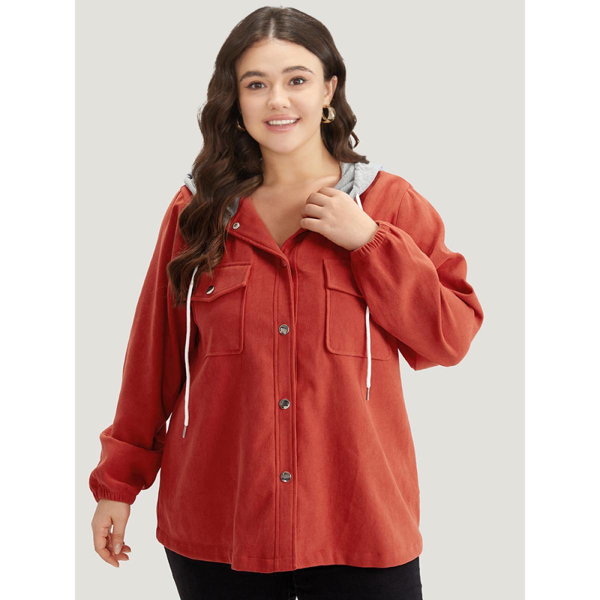 Plus Size Contrast Patchwork Button Through Hooded Drawstring Corduroy Coat Women OrangeRed Contrast Pocket Dailywear Jackets BloomChic 18-20/2X Product Image