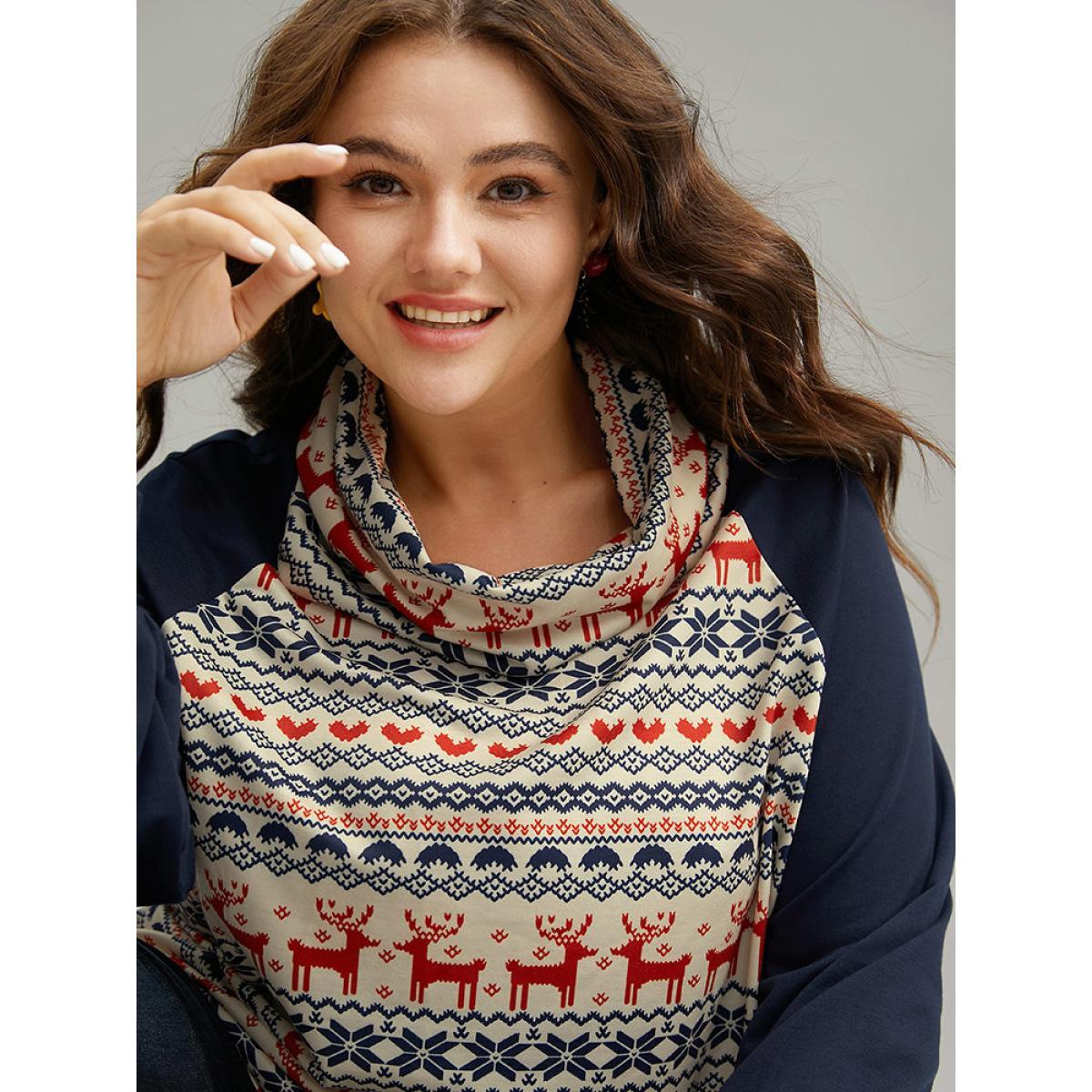 Plus Size Christmas Graphic Turtle Neck Raglan Sleeve Sweatshirt Women Navy Casual Contrast Turtleneck Festival-Christmas Sweatshirts BloomChic 26/4X Product Image