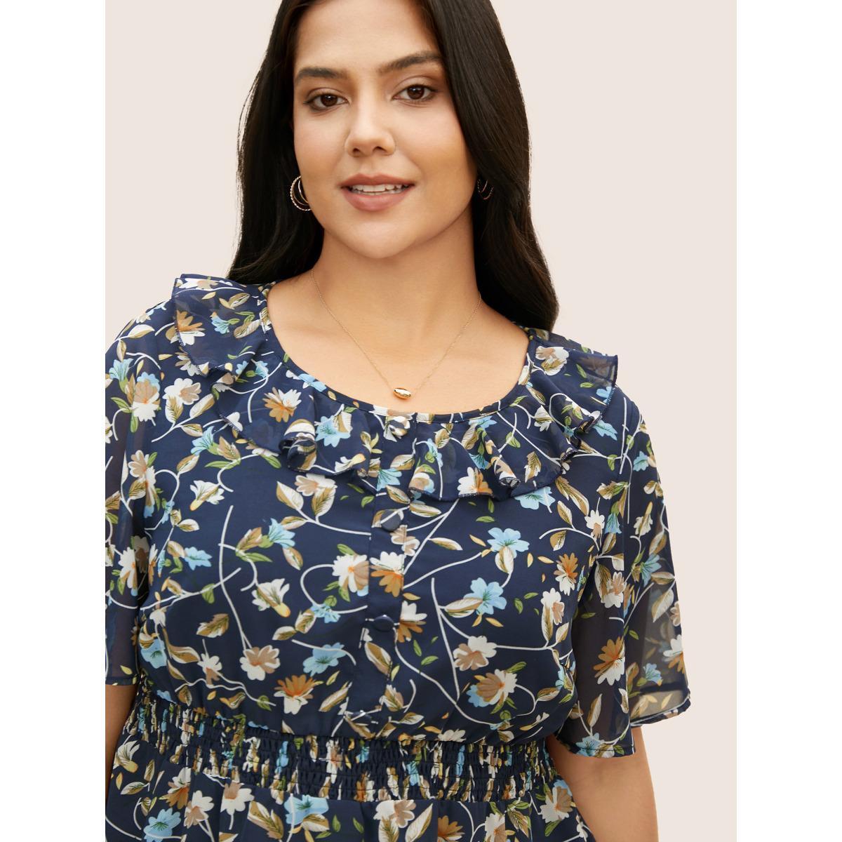 Plus Size Midnight Round Neck Floral Ruffles Shirred Blouse Women Elegant Short sleeve Round Neck Everyday Blouses BloomChic 26/4X Product Image