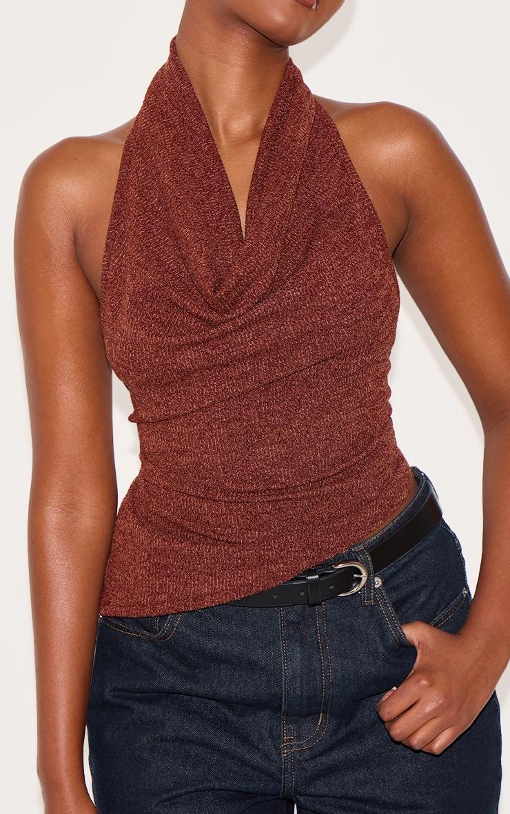 Brown Textured Cowl Neck Backless Long Top Product Image