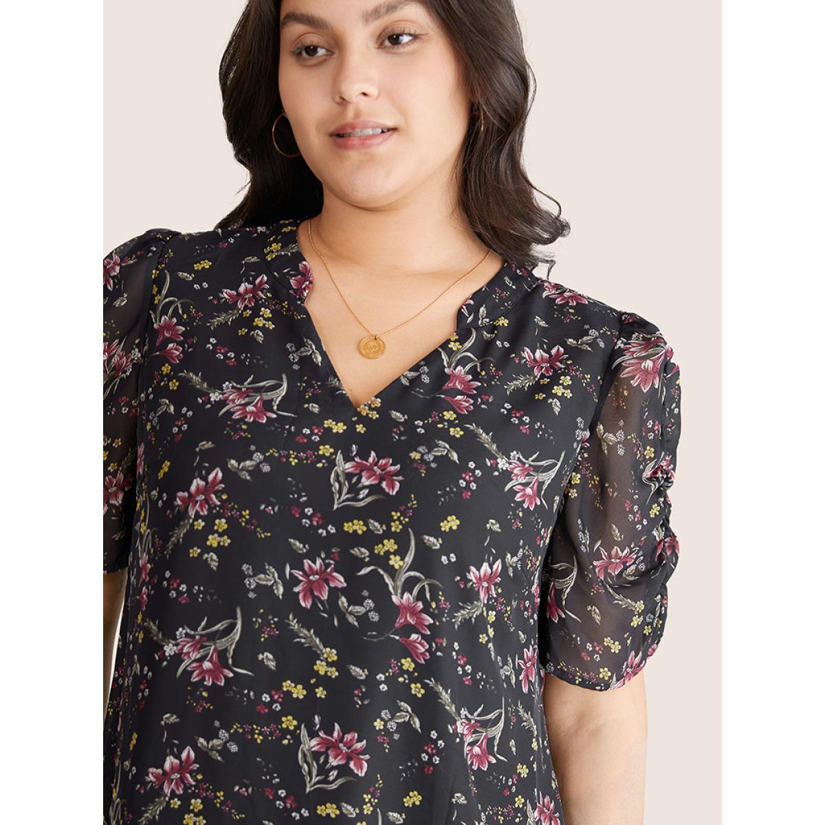 Plus Size BlackFlower Chiffon Ditsy Floral Puff Sleeve Gathered Blouse Women Elegant Short sleeve V-neck Everyday Blouses BloomChic 18-20/2X Product Image