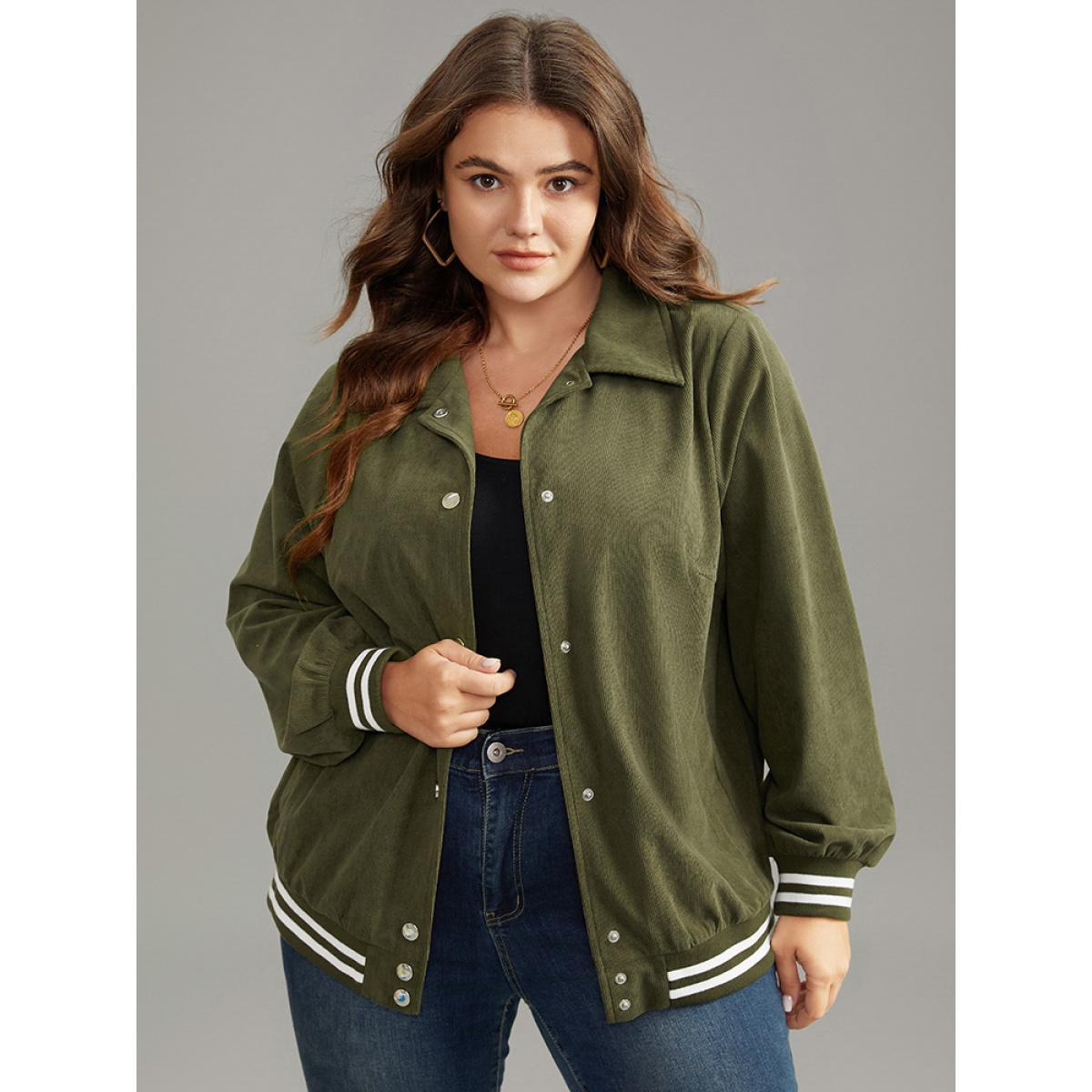 Plus Size Corduroy Striped Trim Button Up Jacket Women ArmyGreen Elastic cuffs Pocket Dailywear Jackets BloomChic 28/5X Product Image