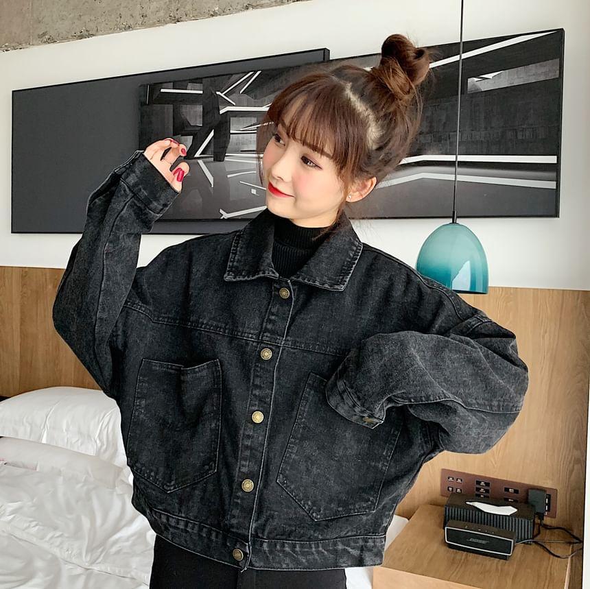 Collared Denim Button-Up Crop Jacket Product Image