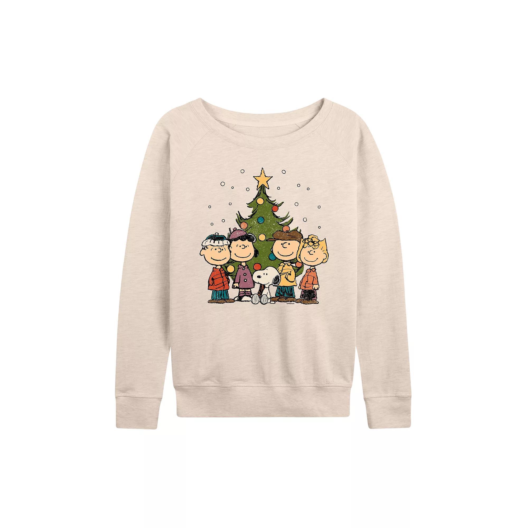 Women's Peanuts Christmas Group French Terry Long Sleeve Tee, Size: Large, Beige Product Image