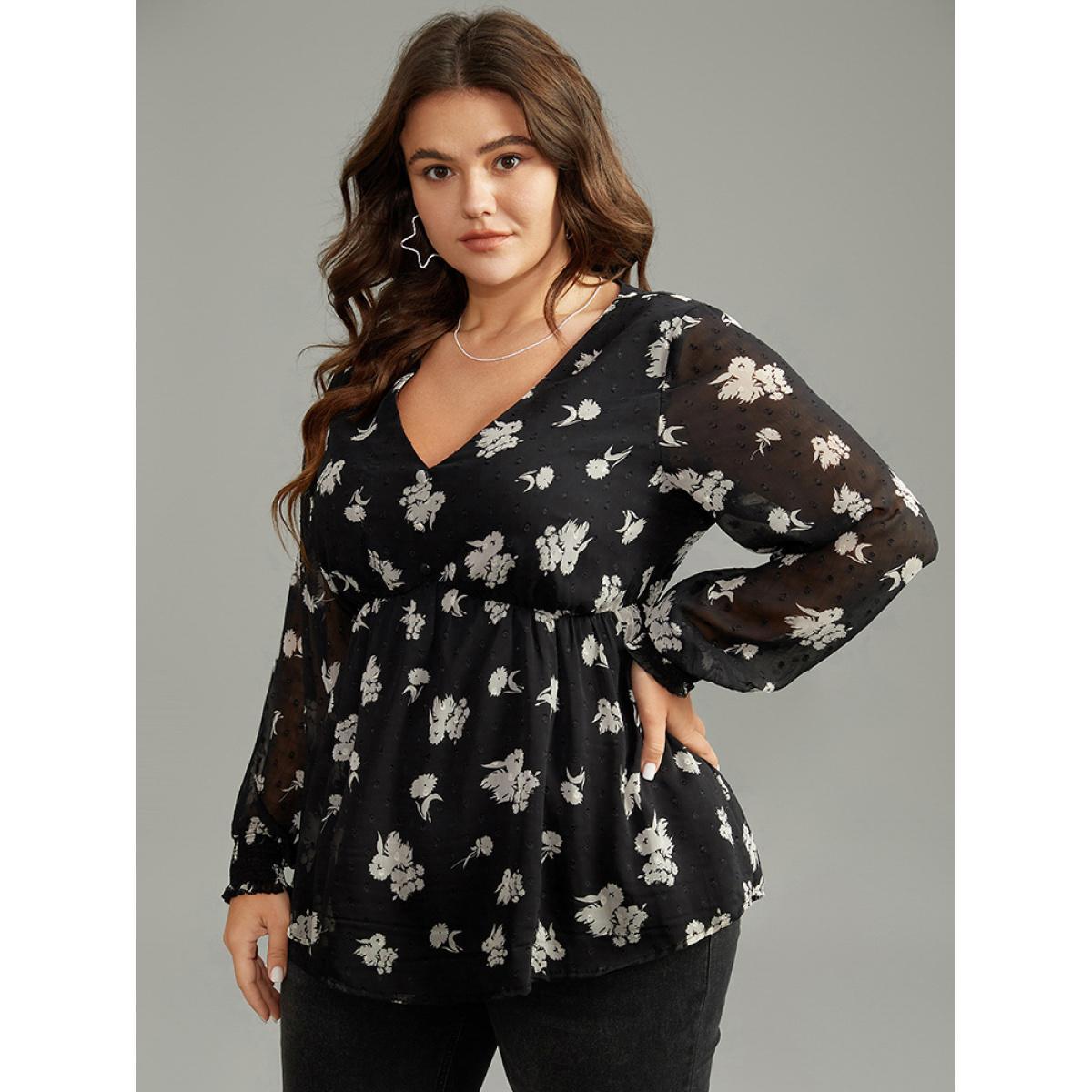 Plus Size BlackFlower Silhouette Floral Print Gathered Shirred Blouse Women Elegant Long Sleeve V-neck Dailywear Blouses BloomChic 28/5X Product Image
