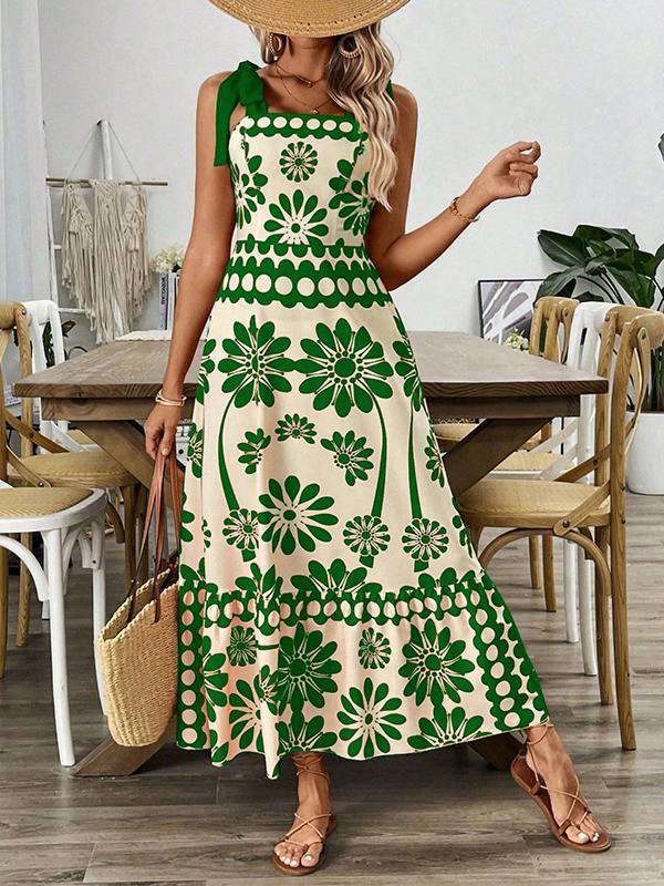 A-Line Loose Elasticity Flower Print Pleated Tied Spaghetti-Neck Midi Dresses Product Image