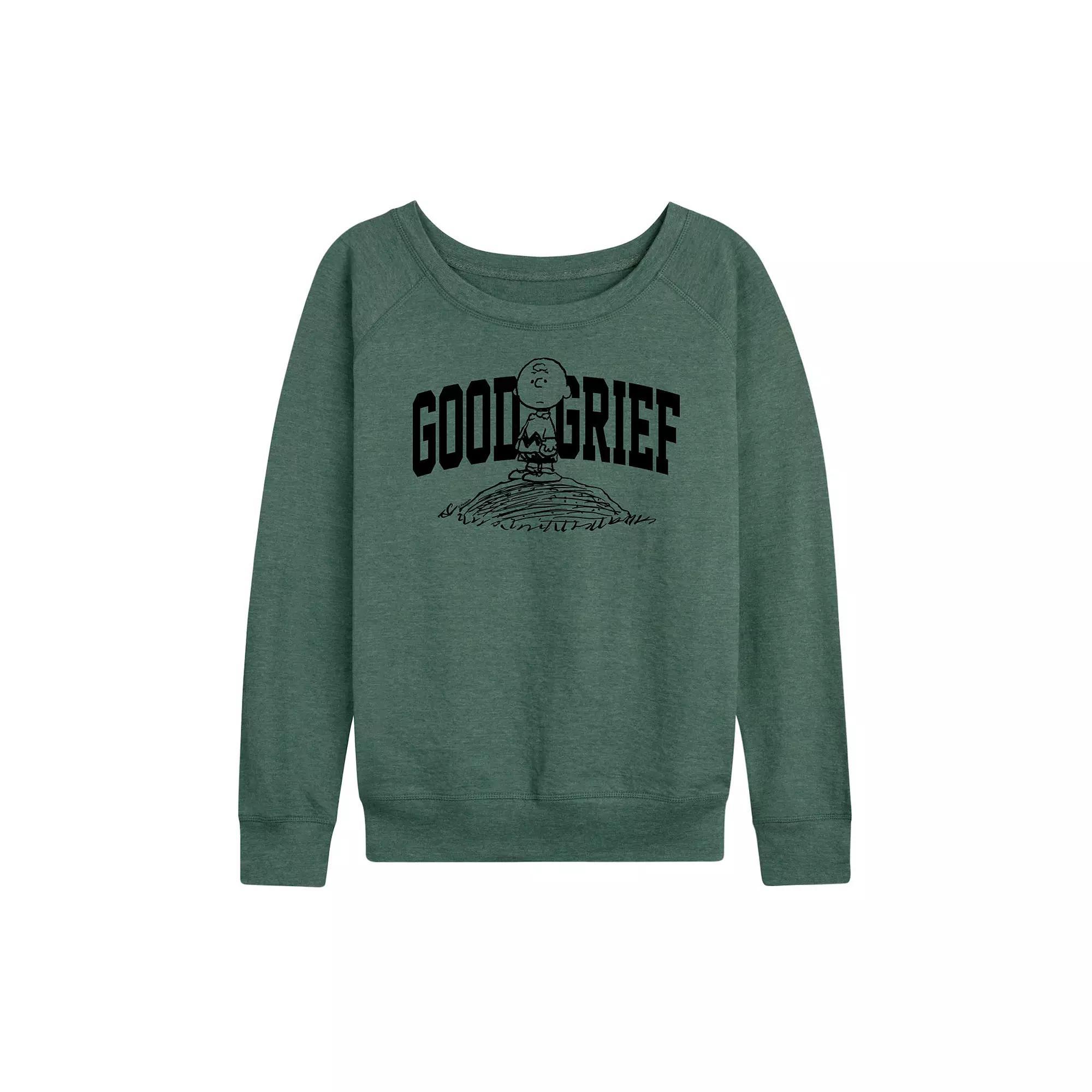 Womens Peanuts Charlie Brown Good Grief Athletic French Terry Long Sleeve Tee, Girls Grey Juniper Green Product Image
