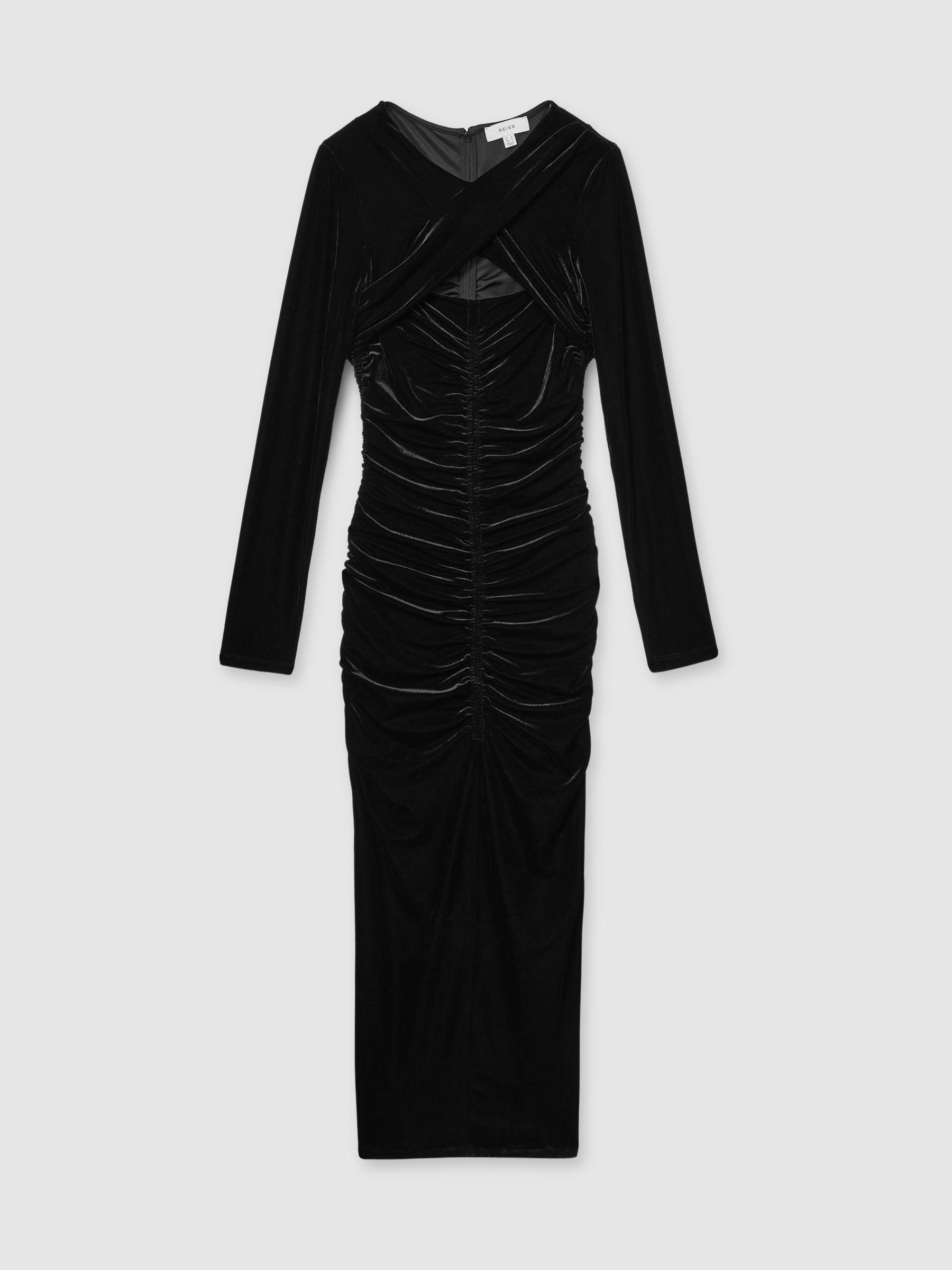 Petite Velvet Ruched Twist-Front Midi Dress in Black Product Image