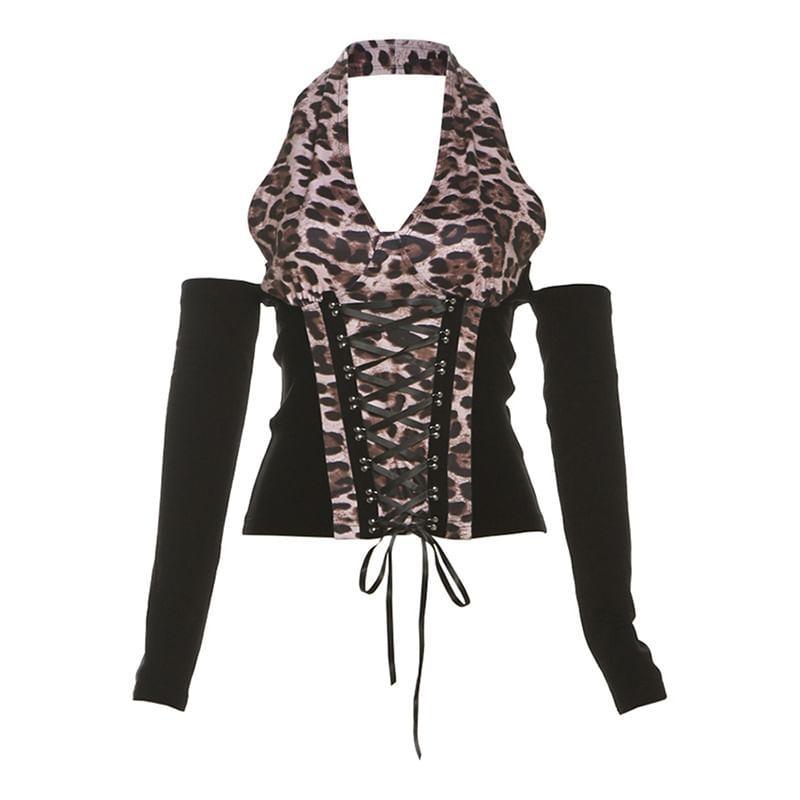 Halter V-Neck Leopard Print Color-Block Lace-Up Tank Top / Faux Fur Shawl Product Image