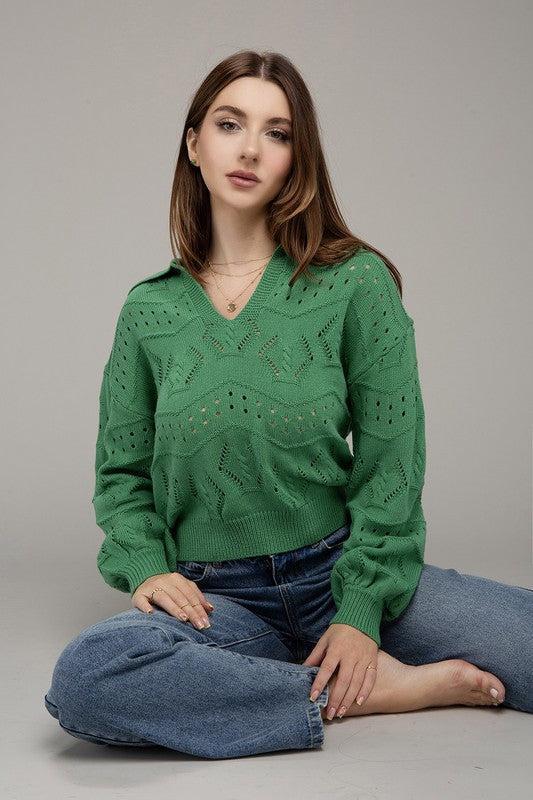 Hole-knit collared sweater Product Image